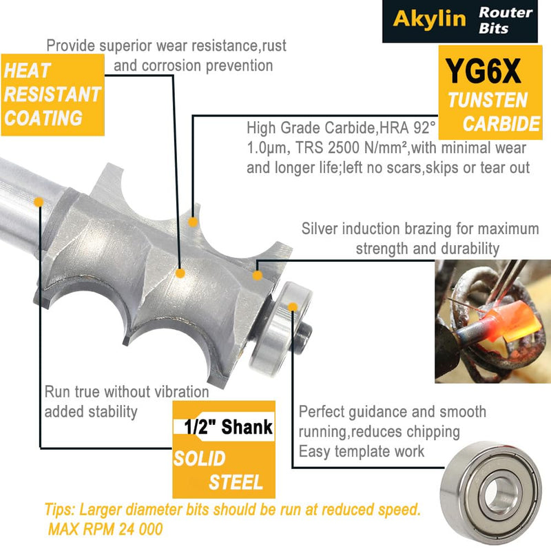 3Pcs Double Beading Router Bits 1/2" Shank,Cutting Height 3/4",7/8",1-3/8" Pair Beads,Dual Bead Columns for Furniture Molding,Perfect Edge Mould Cutter for Shelf with Ball Bearing Guided 3pcs-1/2"S
