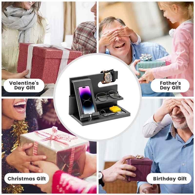 Wood Phone Docking Station - Gifts for Men Desk or Nightstand Organizer - Birthday Gifts for Husband, Fathers Day for Dad - Anniversary Idea from Wife - Key Holder, Stand Wallet, Watch & Essentials lassic stand - Black