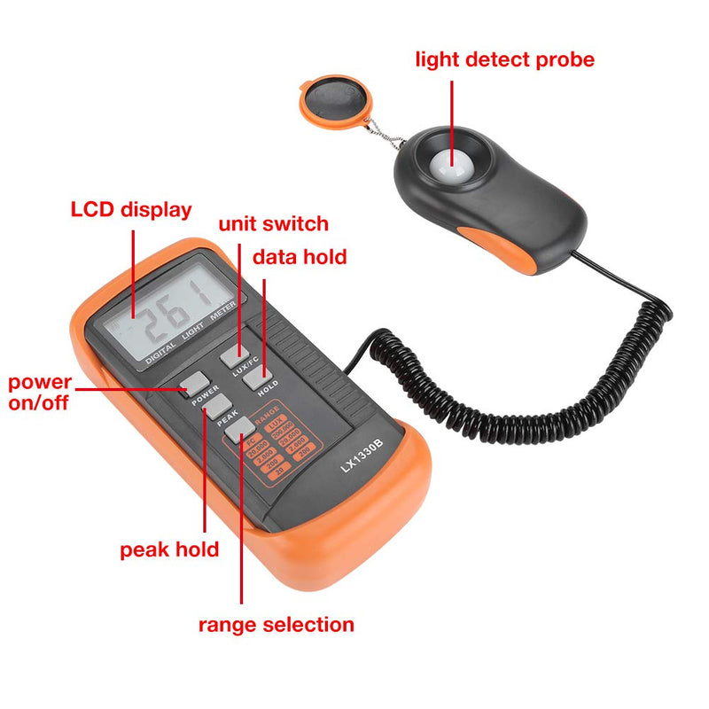 Light Meter LX1330B Illuminance Digital Luxmeter LCD Display 0-200,000 Lux Meter Digital Illuminance Luminometer Lux and FC Switchable