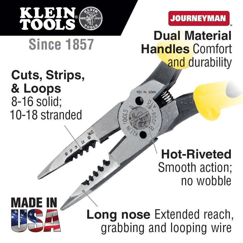 Klein Tools J206-8C Long Nose All-Purpose Spring Loaded Pliers, Made in USA, Forged Steel with Dual Material Journeyman Handles