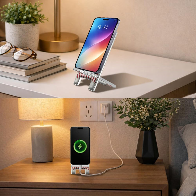 arricraft Aesthetic Acrylic Phone Stand, Baseball Texture Pattern Portable Desktop Stand Suitable for All Smartphones Switch Pad Tablet Office Desk Accessories, 5.5x2.7 Inch White Baseball