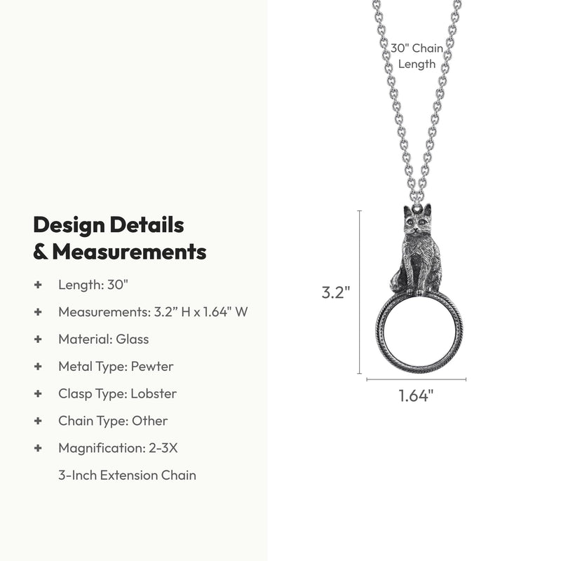 1928 Jewelry Pewter Cat Magnifying Glass Pendant Necklace For Women 30" - Magnification Power: 2-3X, Multifunctional Magnifier Perfect For Reading Menus, Labels, Books, Magazines And Great For Librarians, Elderly, Crafters, Students, Made In USA