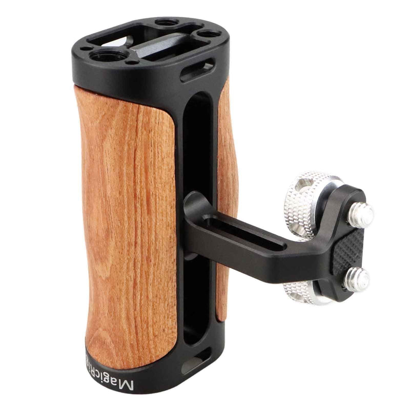 Side Handle Wooden Handgrip with Two 1/4"-20 Screws for DSLR Camera Vlog Camera Cage, Portable Mini Handle for Left/Right Hand with Cold Shoe 1/4" 3/8" ARRI Thread, Up and Down Adjustable 1/4"-20 Screw