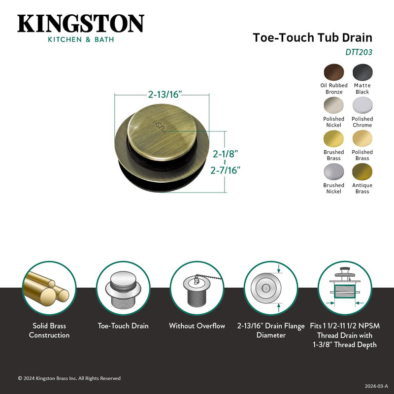 Kingston Brass DTT206 Tip-Toe Tub Drain, Polished Nickel