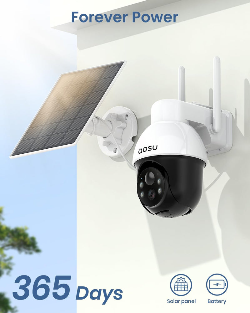 AOSU Solar Security Camera Wireless Outdoor with Panoramic PTZ, Human Auto Tracking, 2K Night Vision, Light and Sound Alarm, 2-Way Audio, Compatible with Alexa/Google Assistant Modern