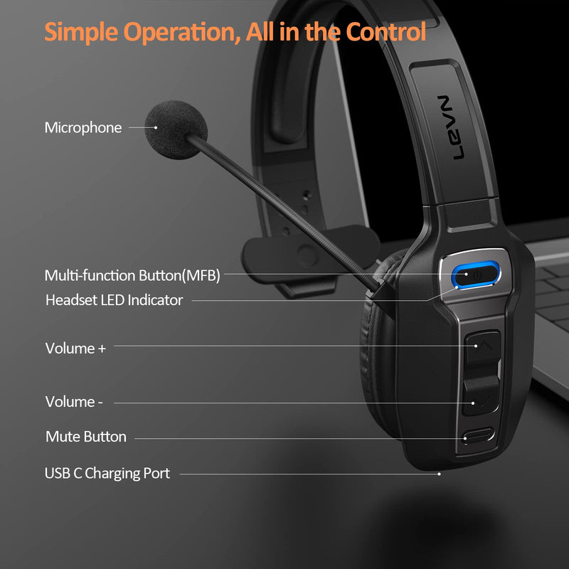 LEVN Bluetooth Headset with Microphone, Trucker Bluetooth Headset with AI Noise Cancelling & Mute Button, Wireless On-Ear Headphones 60 Hrs Working Time, for Trucker Home Office Remote Work Zoom Black