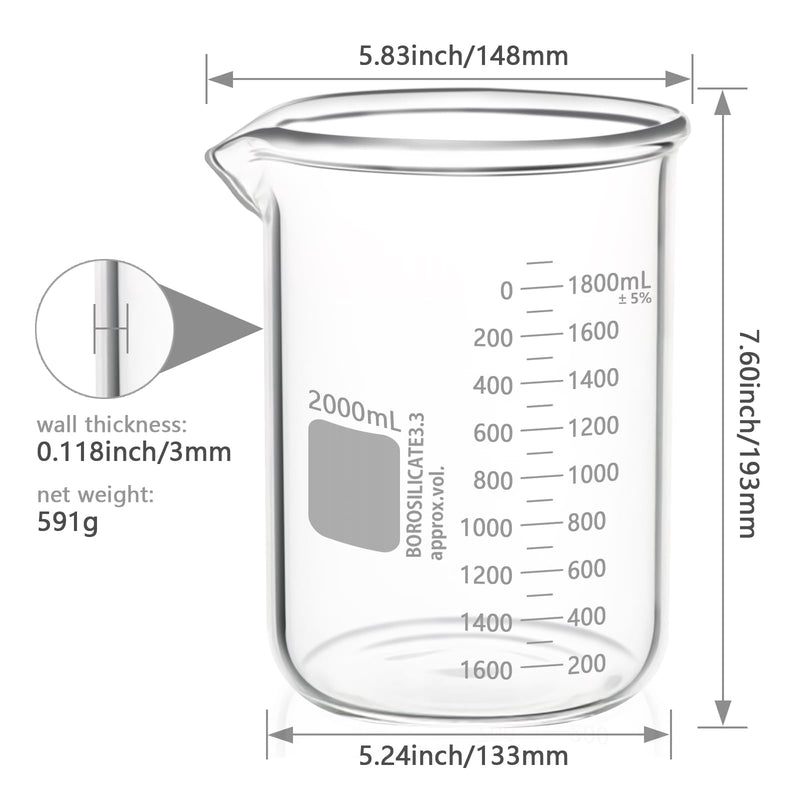 Heavy Duty 2000ML Glass Beaker, White Double Scale Graduation, Borosilicate 3.3 Glass, Low Form Griffin Lab Measuring Beaker, 1 Each (2000ML)
