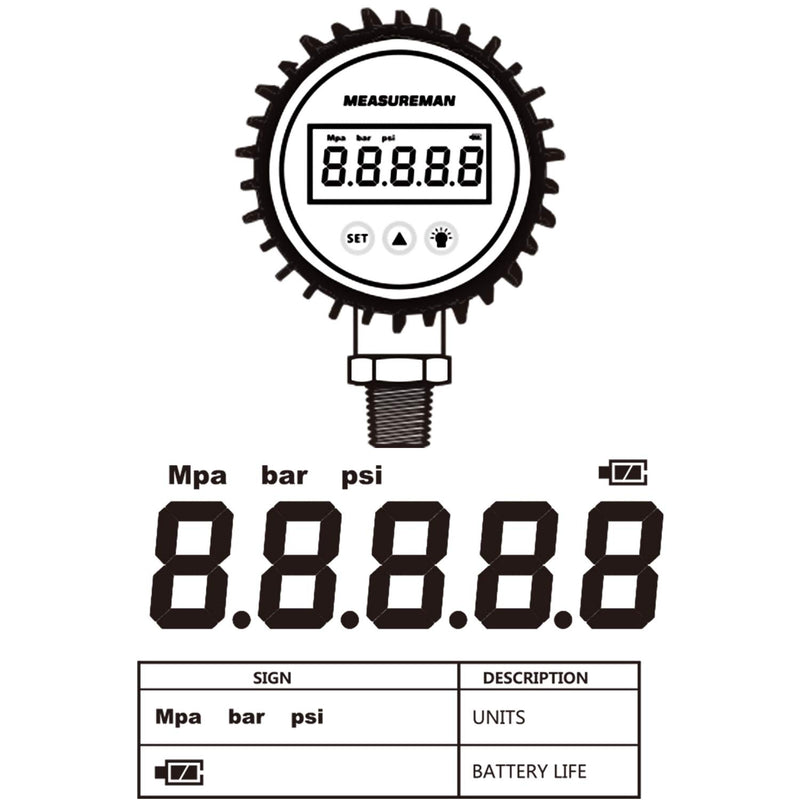 MEASUREMAN 3-1/8" Dial Size, Digital Pressure Gauge, 0-5000psi/bar/Mpa/Kpa, 1/4" NPT Lower Mount, 0.25% Accuracy