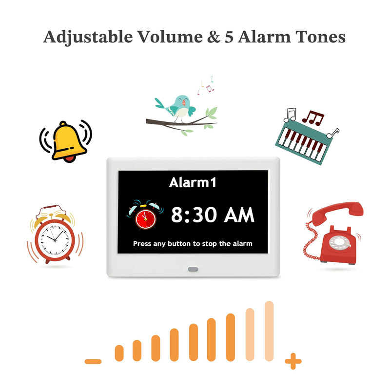 2025 NEW, Digital Clocks, 7'' Dementia Clock with Date and Time for Elderly, Auto-Dimming, 12 Reminders & 6 Alarms, Button & Remote Control, Auto DST, Digital Calendar for Seniors Large Display White