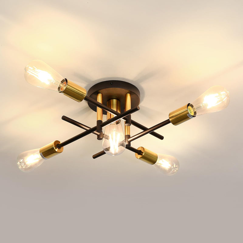 UOFUS Farmhouse 5-Light Semi Flush Mount Ceiling Light Fixture with E26 Modern Matte Black and Gold Chandelier Sputnik Ceiling Lamp for Hallway Kitchen Dining Room Bedroom Study Living Room Bathroom 5 light