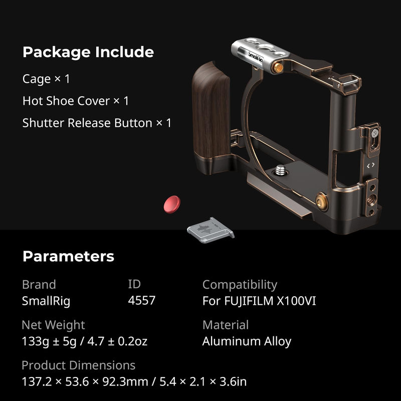 SmallRig X100VI Retro Cage for FUJIFILM X100VI, with 3/8"-16 Locating Holes for ARRI, Built-in Quick Release Plate for Arca, Shutter Button, and Hot Shoe Cover - 4557