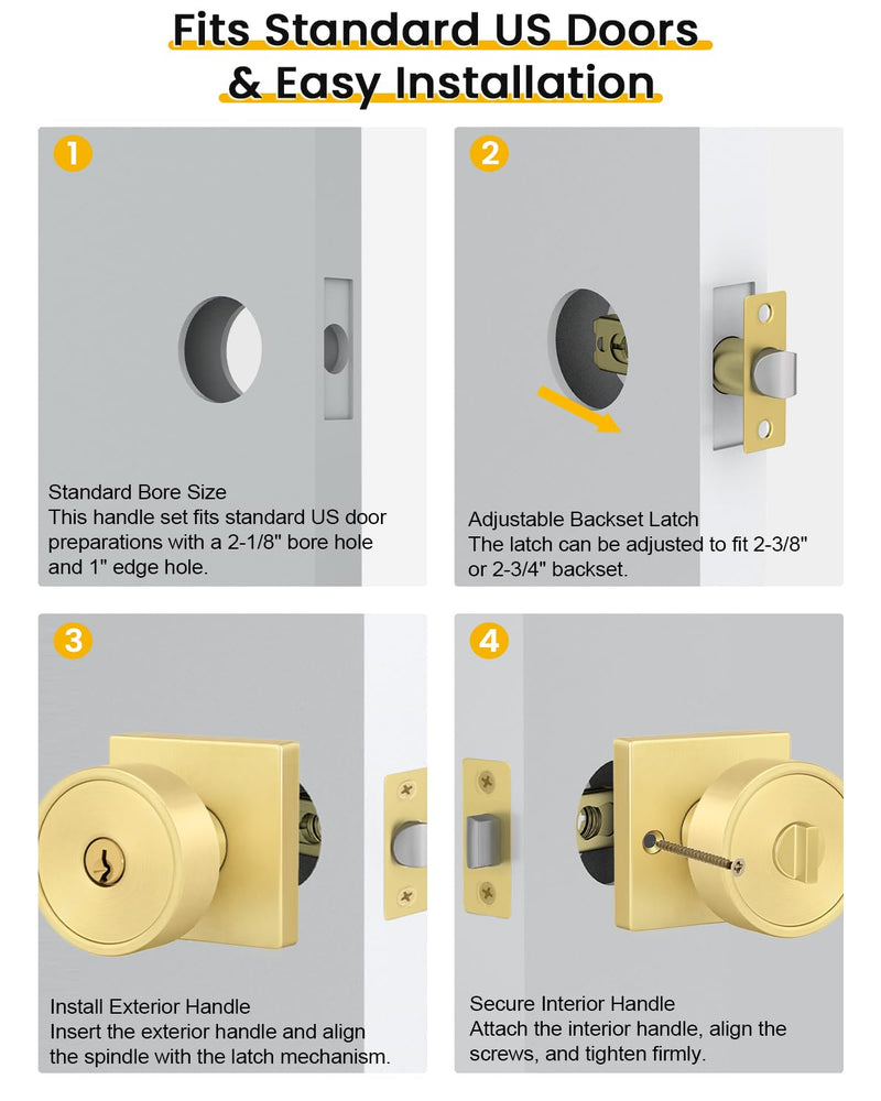 Goldenwarm Gold Entry Door Knob with Lock and Key, Zinc Alloy Brushed Gold Exterior Door Knobs for Front Door, 1 Pack