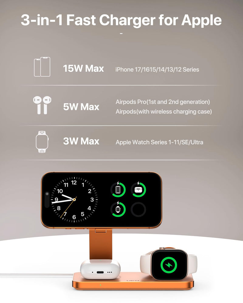 UEQ Foldable 3 in 1 Wireless Charging Station for Apple Mag Safe Charger Stand,Fast Magnetic Wireless Charger Station for iPhone 17 Air 16 15 14 13 12 Series,Airpods Pro,Apple Watch Ultra (Orange) Orange