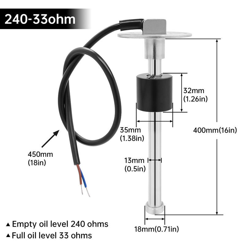 ARTILAURA 240-33 ohm Fuel Sending Unit 16"(400mm) Stainless Steel Water Fuel Gas Tank Level Sender for Boat Marine AUTO Car Truck Vehicle 16" 240-33 ohms