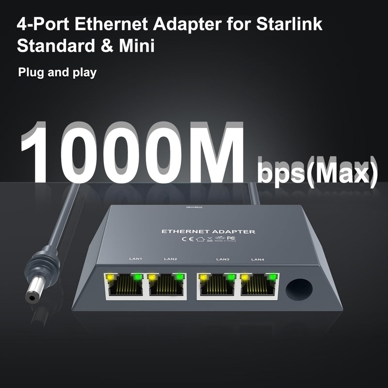 Starlink Gen3/Mini Ethernet Adapter(2M) with 4 RJ45 Ports,Multi Ports Starlink Ethernet Adapter with Wired External Network for Other Devices and Network Cable[4 Devices Networked Simultaneously]