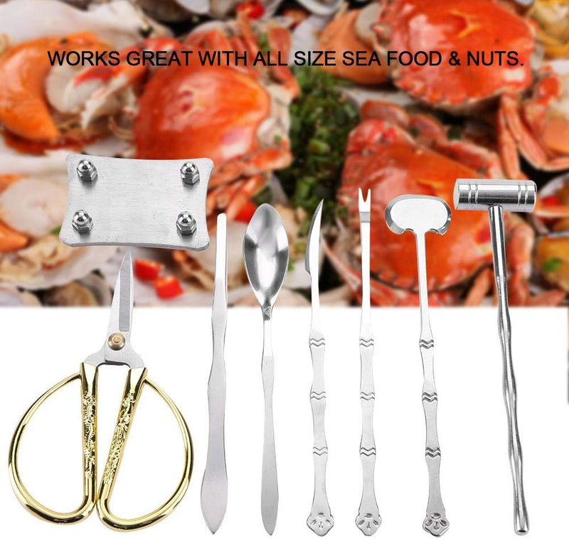  [AUSTRALIA] - Anylion Professional Seafood Tools Set of 8, including Crab Hammer, Crab Scissors, Crab Tweezers, Crab Axe, Crab Fork, Crab Spoon, Crab Knife, Crab Handling Mound, Stainless Steel with Storage Bag