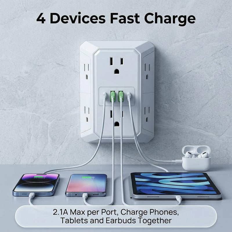 6 in 1 US Plug Wall Outlet Splitter with 2 USB Charging Ports, Multi Electrical Outlet Extender for Indoor Use,White white