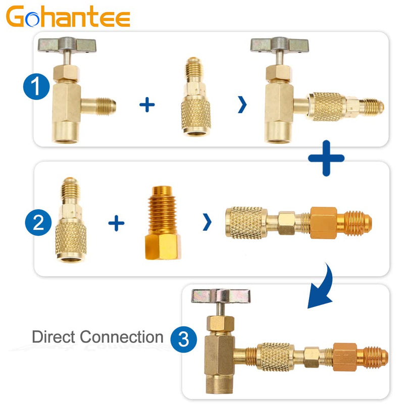 gohantee R1234yf Can Tap Adapter Fitting Kits, 1/4 SAE to 1/2 Acme LH Can Bottle Tap Opener with 1/4'' SAE Female Adapters and Seal Caps, Brass Dispenser for R134a R12 R22 Charging Hose