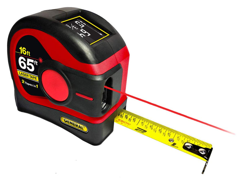 General Tools LTM2X Laser Tape Measure 2-in-1, 65 Ft Laser Measure and 16 Ft Tape Measure with Large, Easy Read Backlit Digital Display, Red (LTM2X-RD-Q)