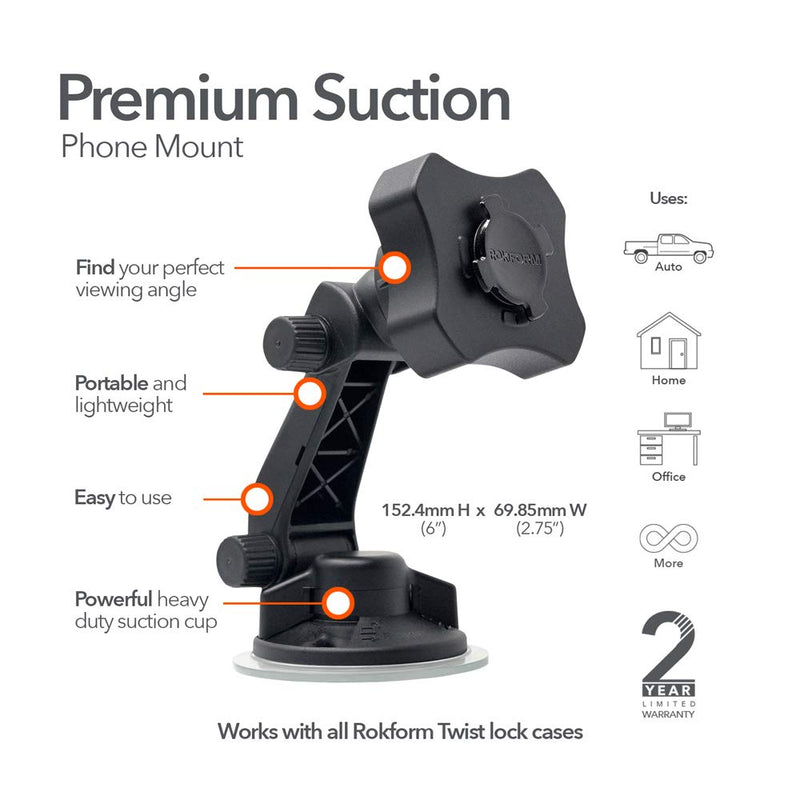 Rokform - Adjustable Windshield Phone Mount Secured by Strong Suction Cup Base, 210 Degrees of Tilt and 360 Degree of Rotation Phone Holder Compatible with ALL Rokform Twist Lock Cases | 210° of Tilt and 360° of Rotation, For Rokform Rugged or Crystal ...