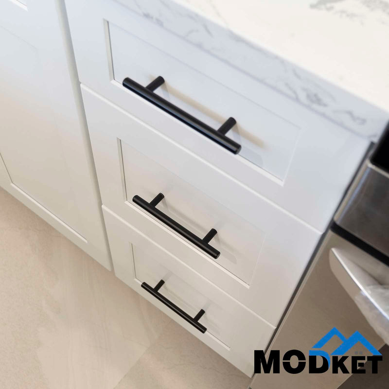 Modket Euro Round Cabinet Handles Pulls 304 Stainless Steel — 6" Overall Length, 3-3/4" (96mm) Hole Centers, Matte Black— 10-Packs 6" Length (3-3/4" [96mm] Hole Center)
