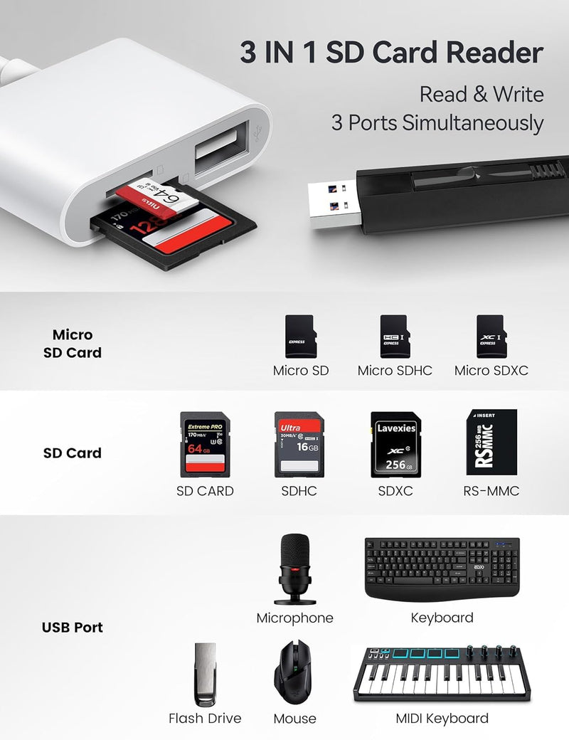 USB-C 3-in-1 SD Card Reader with SD, Micro SD Card Slots and USB Port, High-Speed Data Transfer