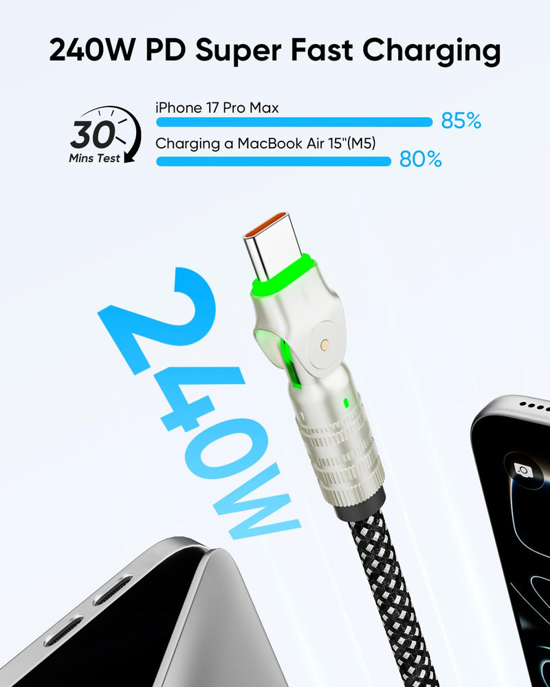 USB C to USB C Cable 10ft, 240W Braided 180°Rotating Type C Charger Fast Charging USBC to USBC Cable for iPhone 17 16 15 Pro Max iPad MacBook Neo Air Pro Samsung S26 S25 Ultra Black