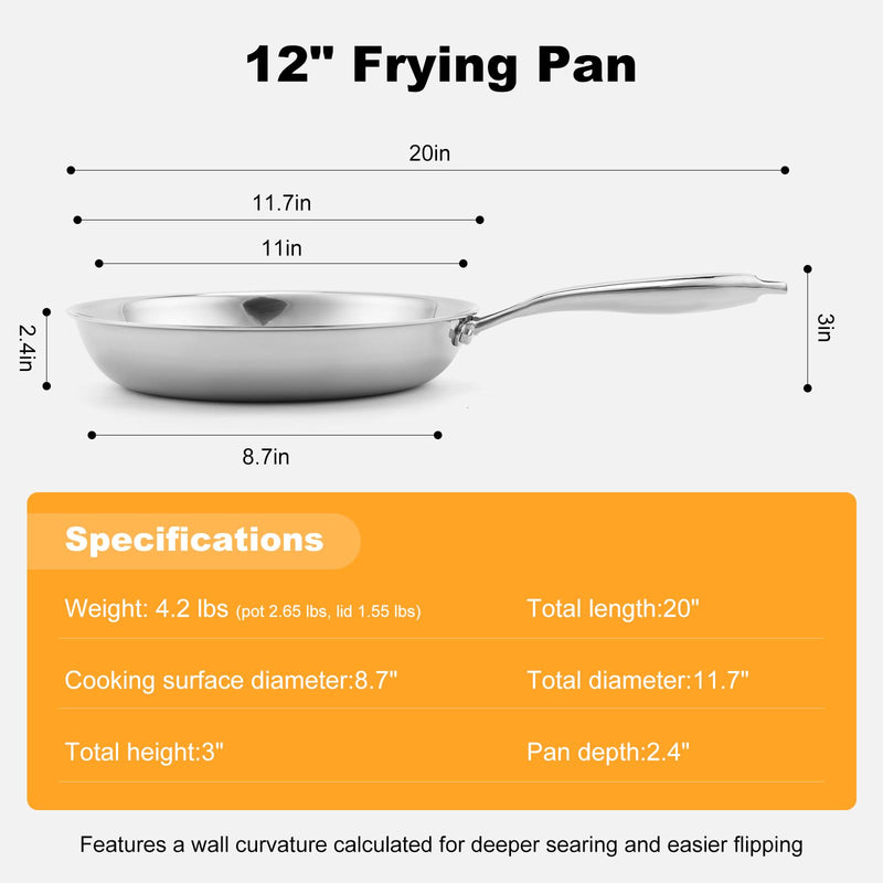Ranbomer Stainless Steel Pan，Non-Toxic PFAS, PFOA & PTFE Free, Compatible With All Cooktops & Induction Safe, Oven Safe Pan for Searing & Sautéing, Long Lasting Cookware. (12 Inch)
