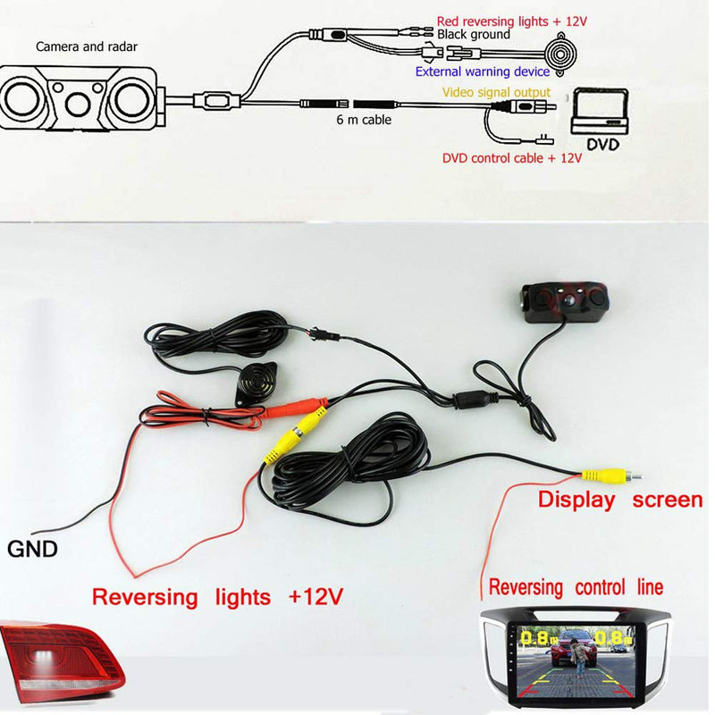 Polarlander 3 in 1 Rear View Camera Waterproof Video Parking Sensor Car Reverse Backup Camerawith 2 Radar Detector Sensors BiBi Alarm