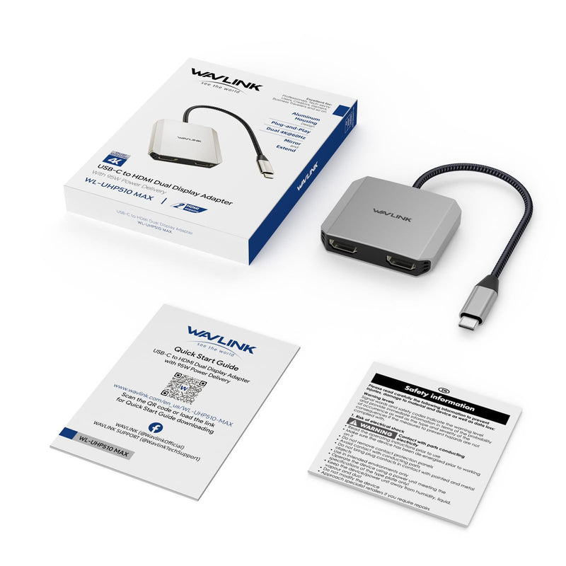 WAVLINK USB C to Dual HDMI Adapter, Dual Monitor Splitter, Dual 4K@60Hz HDMI, 95W PD, Compatible with Dell XPS/HP/Lenovo/Surface/Type C Laptop/Windows System Only