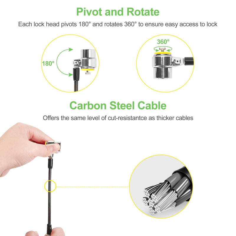Daul Head Twin Cable Lock Lock for Laptops，Monitor 3 Keys 6.7Foot Lock Two Devices At The Same Time Black Twin head