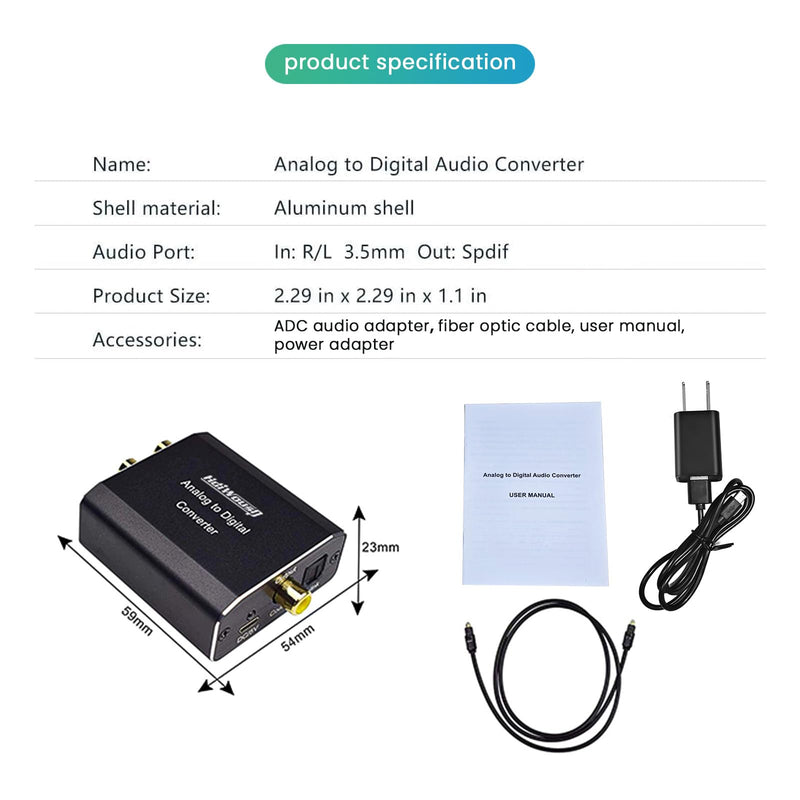 Analog to Digital Audio Converter, Hdiwousp RCA R/L or 3.5mm Jack AUX to Digital Coaxial Toslink Optical SPDIF Audio Adapter for PS4 Xbox HDTV DVD Headphone (Aluminum) ADC Analog to Optical Coaxial 1