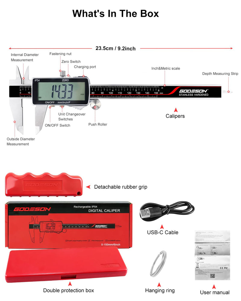 GODESON Digital Caliper, 6 Inch Rechargeable & Power Indicator Caliper Measuring Tool - 0.01mm Accuracy, Large LCD Vernier Calipers - IP54 & Full Stainless Steel, MM/Inch/F for Wood Working, DIY，3D 6-INCH USB-C