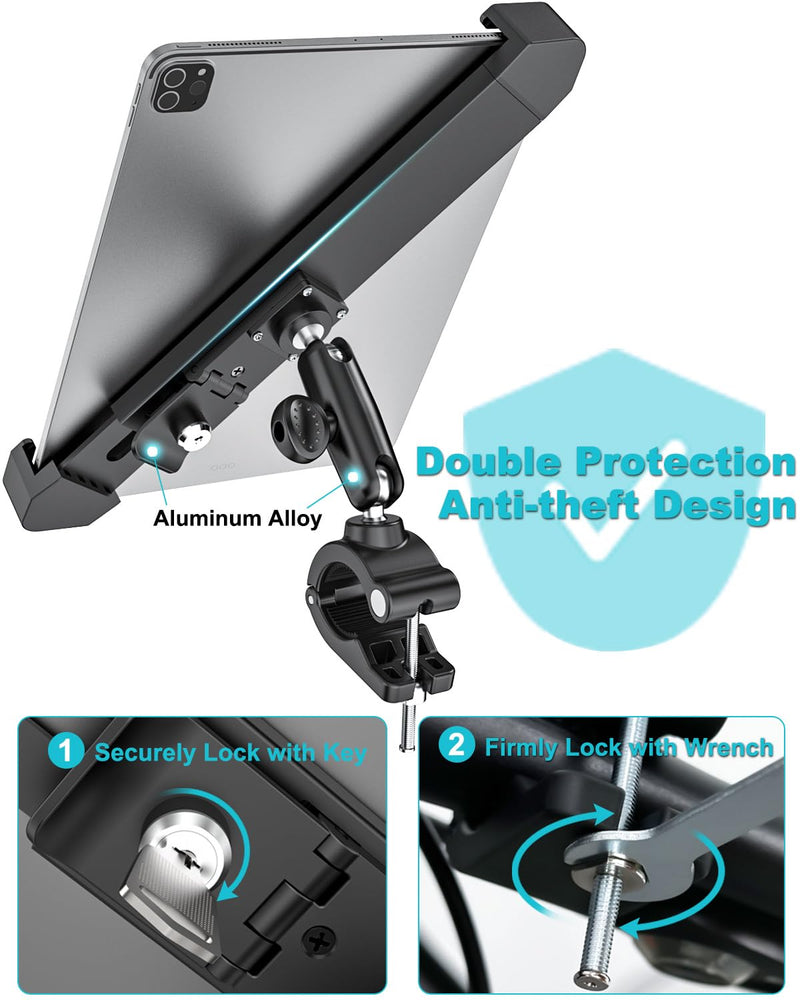 Anti-Theft Motorcycle Tablet Mount, Heavy Duty Bike Tablet Holder with Lock & Key, 360° Double Joints Adjustable Arm - Handlebar Clip for iPad Pro 11 Air Mini, Navigation, More 7-11" Devices