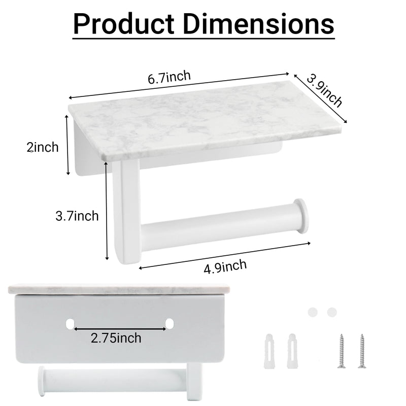 Toilet Paper Holder with Natural Marble Shelf, Wall Mounted Tissue Holder, Modern and Durable Bathroom Accessory for Bathroom Washroom (White) White