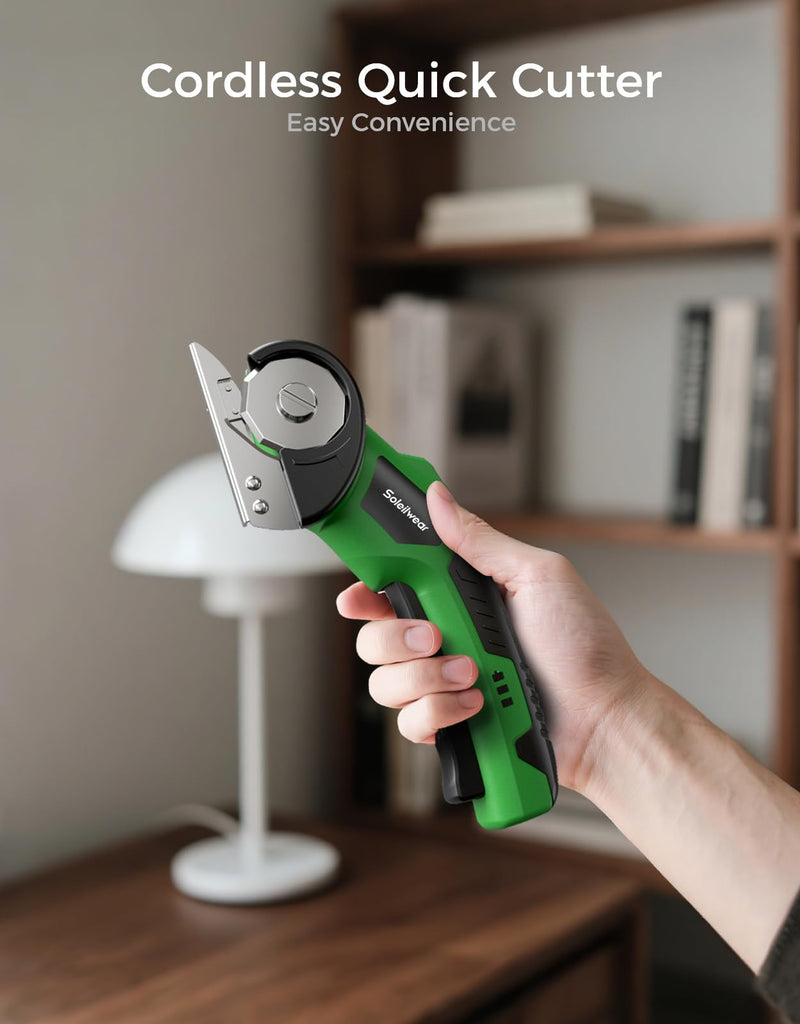 Cardboard Cutter, Rechargeable Cordless Electric Scissors, 4V Upgrade Motor Electric Box Cutter with 2 Blades, Safety Lock & LED Light, Powerful Cutting for Cardboard Box, Plastic, Leather Green