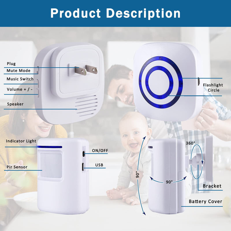 Motion Sensor Alarm - Seanme Wireless Driveway Alarm 100m Long Distance Signal Transmission, Home Security Alarm System Motion Sensor Doorbell with 38 Chime Tunes, 4 Volume Levels 2 alarms + 3 sensors