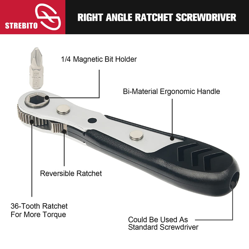 STREBITO Mini Ratchet Set, 22-Piece 1/4 Ratchet Right Angle Screwdriver, 36-Tooth Small Ratcheting Wrench Bit Ratchet For Tight Spaces, with Phillips, Slotted, Torx, Hex, Square and Adapter for Socket 22 in 1