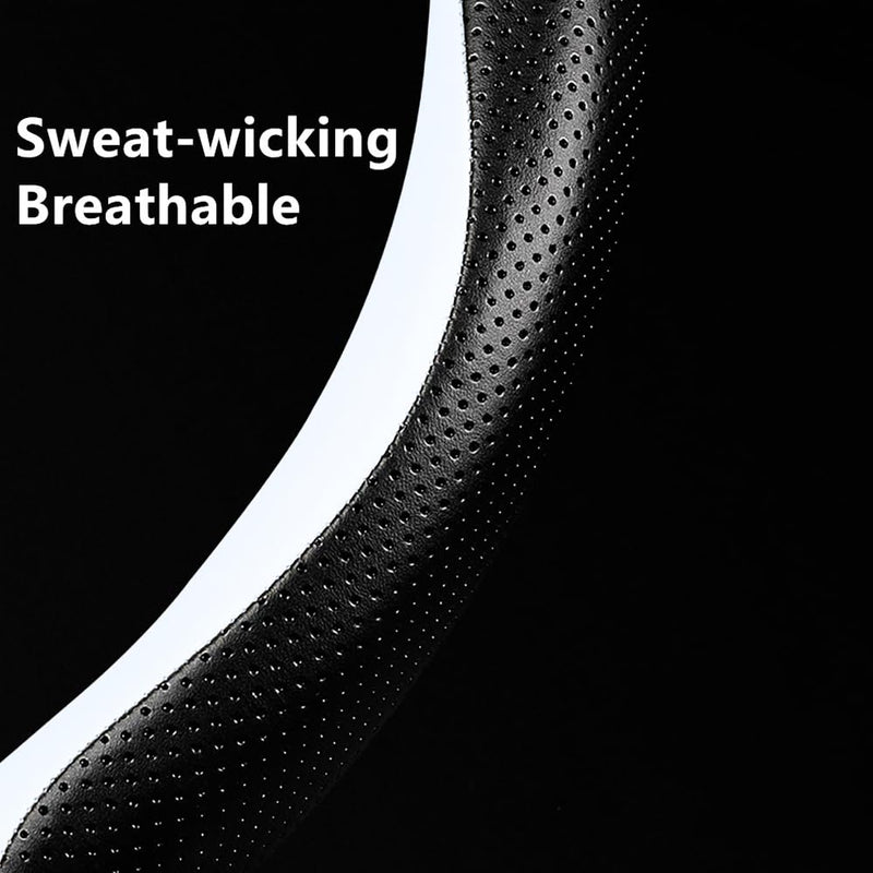  [AUSTRALIA] - Carodi Leather Car Steering Wheel Cover, Elegant, Fashionable, Comfortable, Non-Slip, Breathable, Universal 15 inch, Black and White
