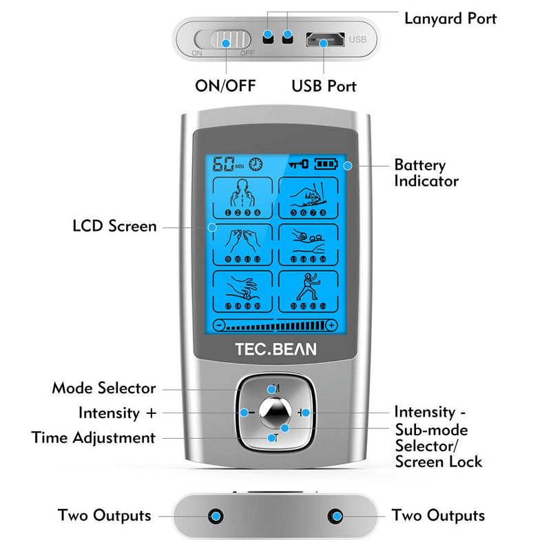 24 Modes Tens Unit Muscle Stimulator, Rechargeable Tens Machine with 8 Electrode Pads (American Gel), Electric Pulse Massager for Pain Relief Therapy(Silver) A-silvera