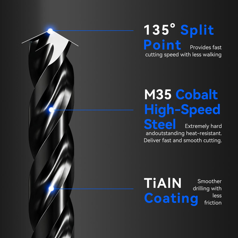 Triple Spiral Flute Cobalt Drill Bit Set (Pro - TiAlN Coated), Metal Drill Bit Set for Steel, Hardened Metal, Stainless Steel, 21PCS Drill Bits 1/16" to 1/2" with Index Storage Case 1/16" to 1/2" (21pcs Pro Set)