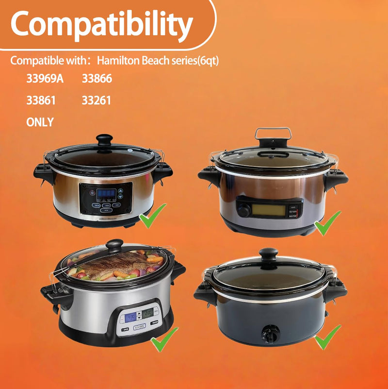 Oval Slow Cooker Glass Lid Replacement 6Qt with Sealing Ring & Clips | Compatible for Hamilton Beach, Models 33969A, 33261, 33866, 33861 Fit 6Qt