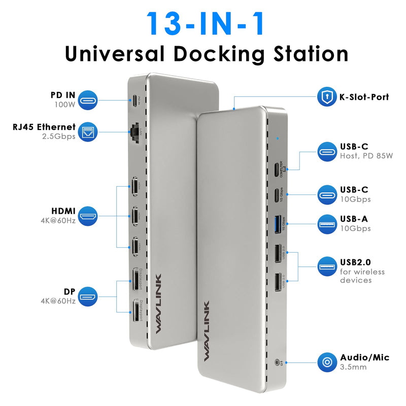 WAVLINK Laptop Docking Station, SM770 Dock,Triple HDMI, Dual DisplayPort | Triple 4K@60Hz, 100W PD in, USB-C/A 10Gb, 2.5G Ethernet, Compatible with macOS/Windows, Required SMI Driver & Host USB 3.2 UG77PD1(no charger)