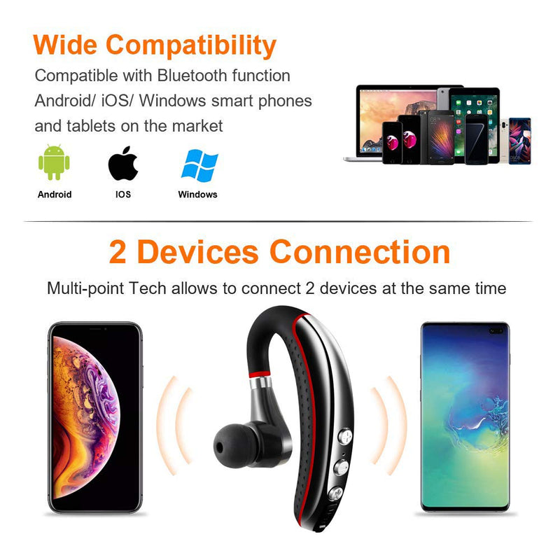 Bluetooth Headset,Wireless v5.0 Business Bluetooth Earpiece in Ear Lightweight Sweatproof Earphones with Mic Work for Cell Phones for Office/Workout/Driving Red