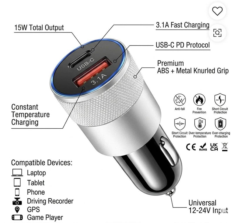Dual-Port USB Fast Car Charger, USB-C PD and 3.1A USB-A, 15W Total Output, Metal Knurled Grip, Universal 12-24V, Model CC-PD1 Silver/Black