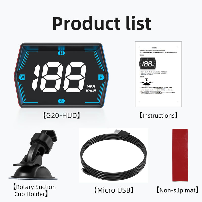 Universal Car HUD GPS Speedometer G20 Car Heads-up Display Plug and Play with USB Connection,Displays MPH, Comes with Compass Over Speed Alert HD Display Speedometer for All Vehicles