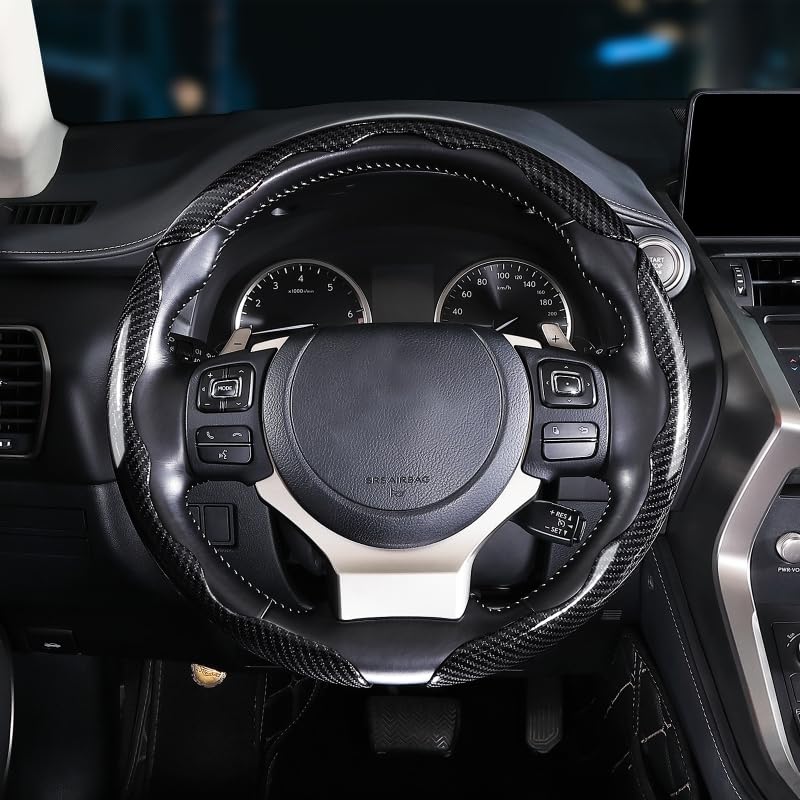 Carbon Fiber Steering Wheel Covers 3 Piece Clip on Steering Wheel Cover (Black) Black 14"-16"