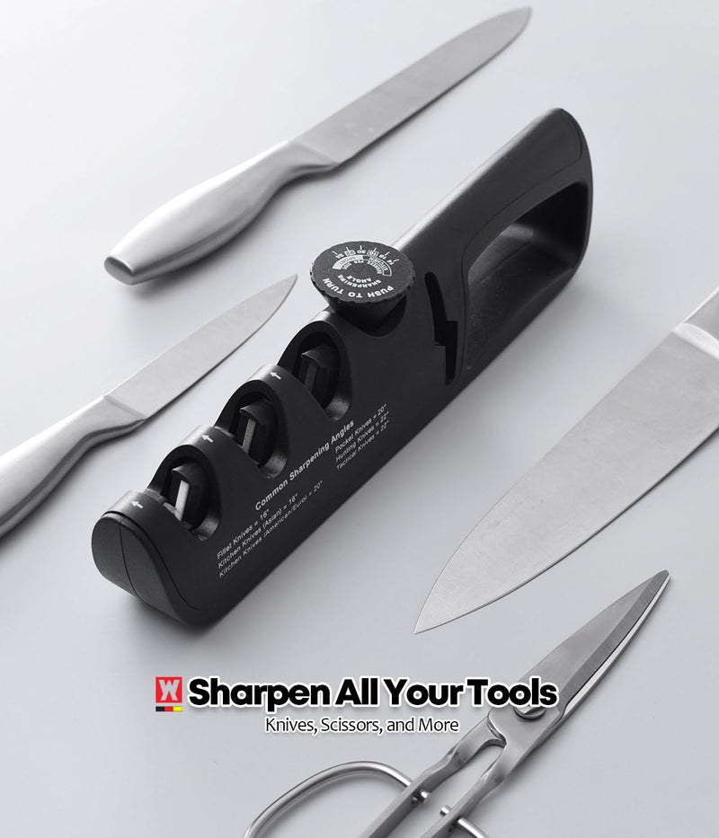 Handheld Knife & Scissors Sharpener with Adjustable Sharpening Angle Controller, Sharpens Kitchen Knives & Pocket Knife, Non-Slip Bottom Pad (Tungsten + Emery + Ceramic + Scissors Slot)