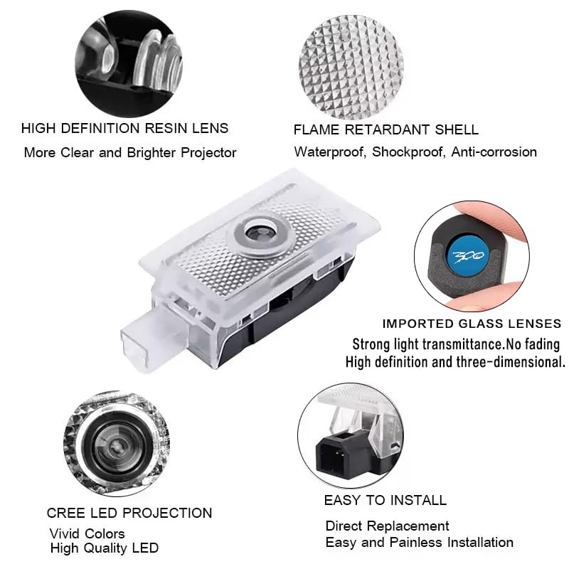 2PCS LED Car Door Logo Projector Lights for Chrysler 300 300C 300S 2005-present Ghost Shadow Light Laser Courtesy Step Lights Puddle Lamp Accessories (White) WHITE