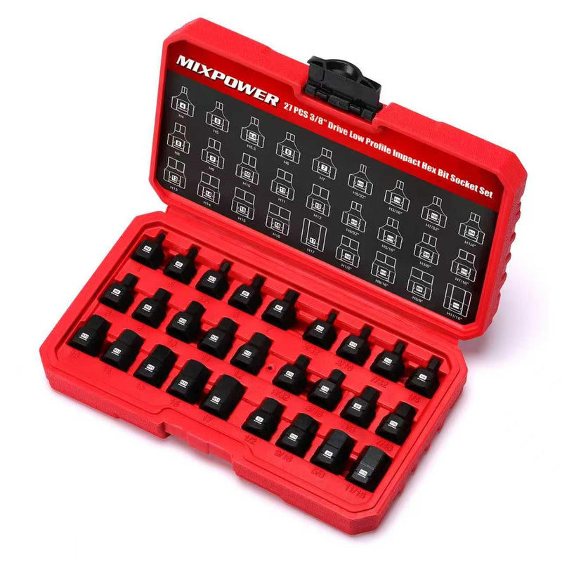 MIXPOWER 27-Piece 3/8" Drive Stubby Impact Hex Bit Socket Set,SAE/Metric, 5/32"-11/16",4mm-17mm, S2 Steel Air Drive Low Profile Allen Socket Set,Impact Grade,Anti-Roll Design 27 PCS 3/8"Drive:5/32"-11/16",4-17mm